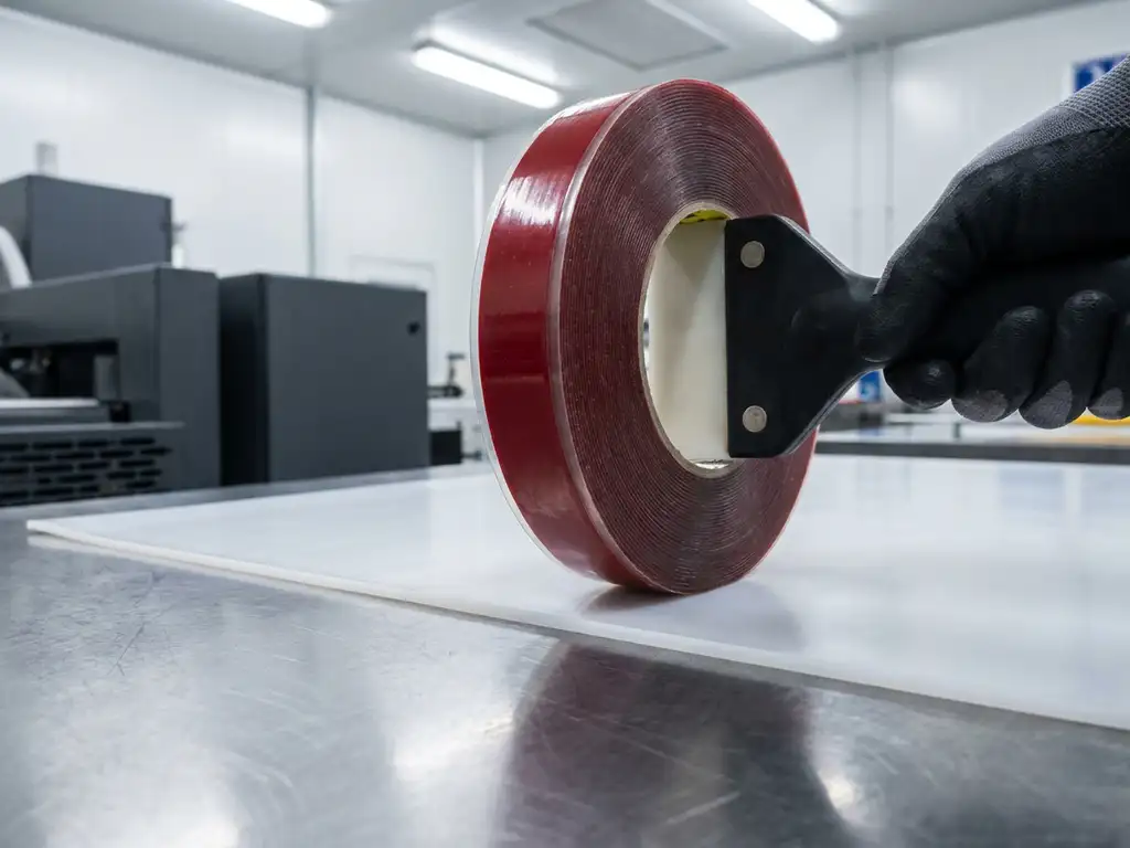 Doppelseitiges Acrylat-Klebeband wird auf eine Polyethylen-Oberfläche gedrückt, Querschnitt zeigt Klebstoffschichten, Stahlwerkbank.