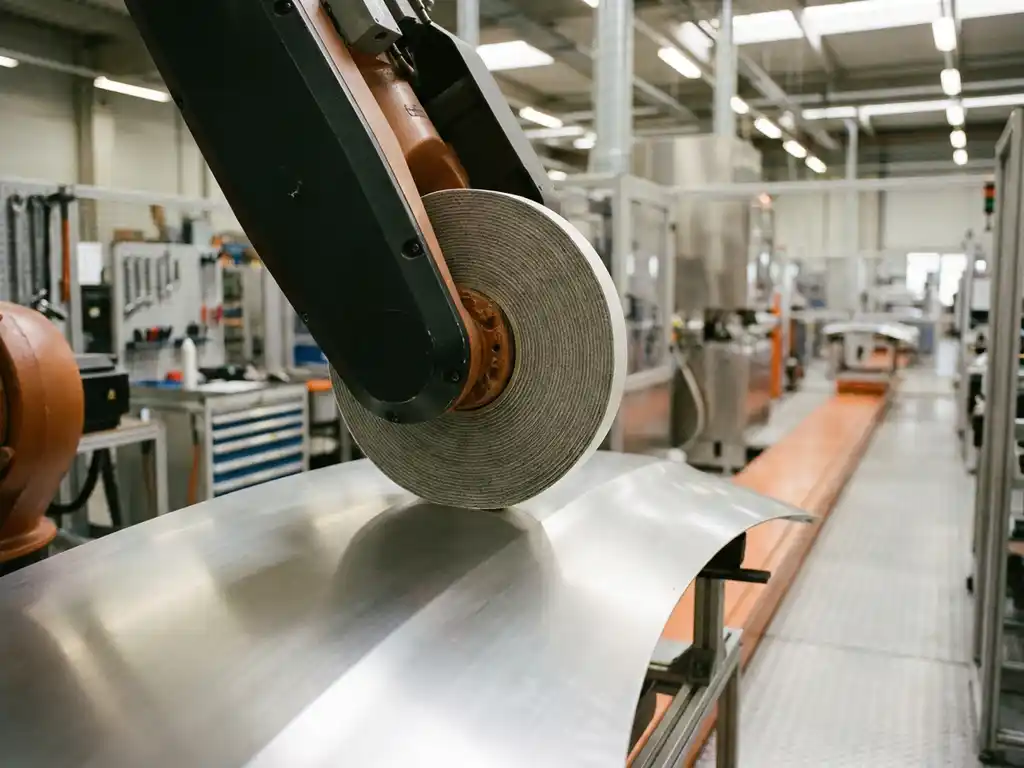 Industrielles Acrylschaum-Klebeband wird auf gebürstetes Aluminium-Karosseriepanel gedrückt, grauer Schaumkern im Querschnitt sichtbar.