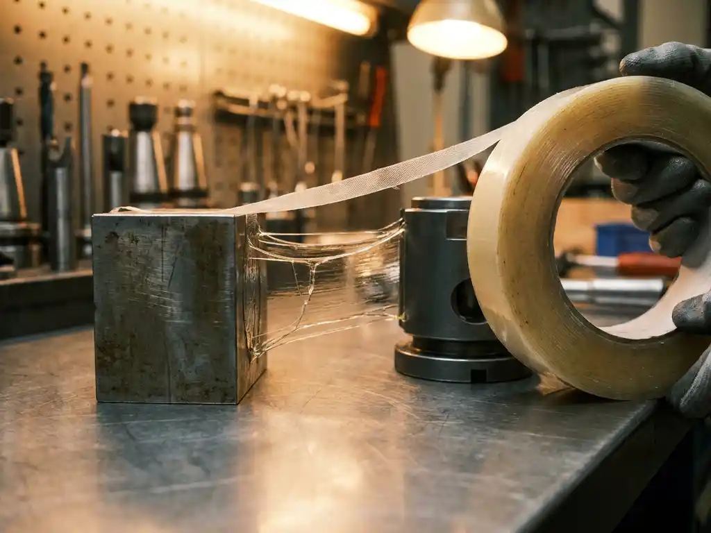 Industrielles doppelseitiges Acrylklebeband wird zwischen zwei Metallbauteilen auf einer Stahlwerkbank auseinandergezogen.
