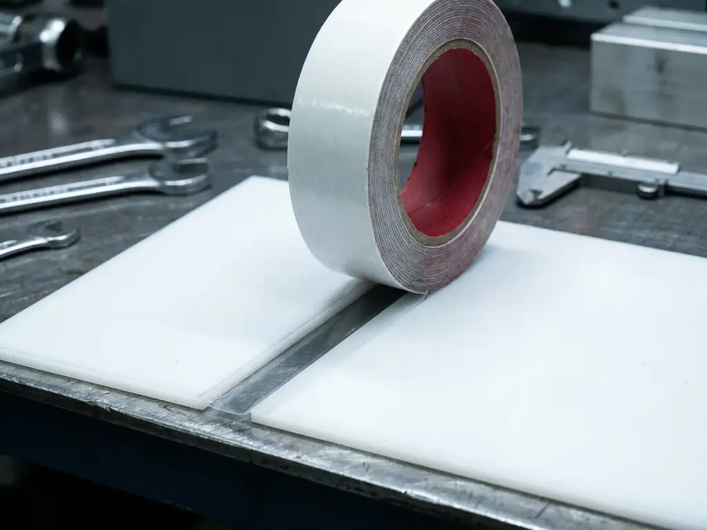 Doppelseitiges Industrie-Klebeband verbindet zwei starre Kunststoffplatten auf einer Stahlwerkbank, Nahaufnahme der Klebenaht.
