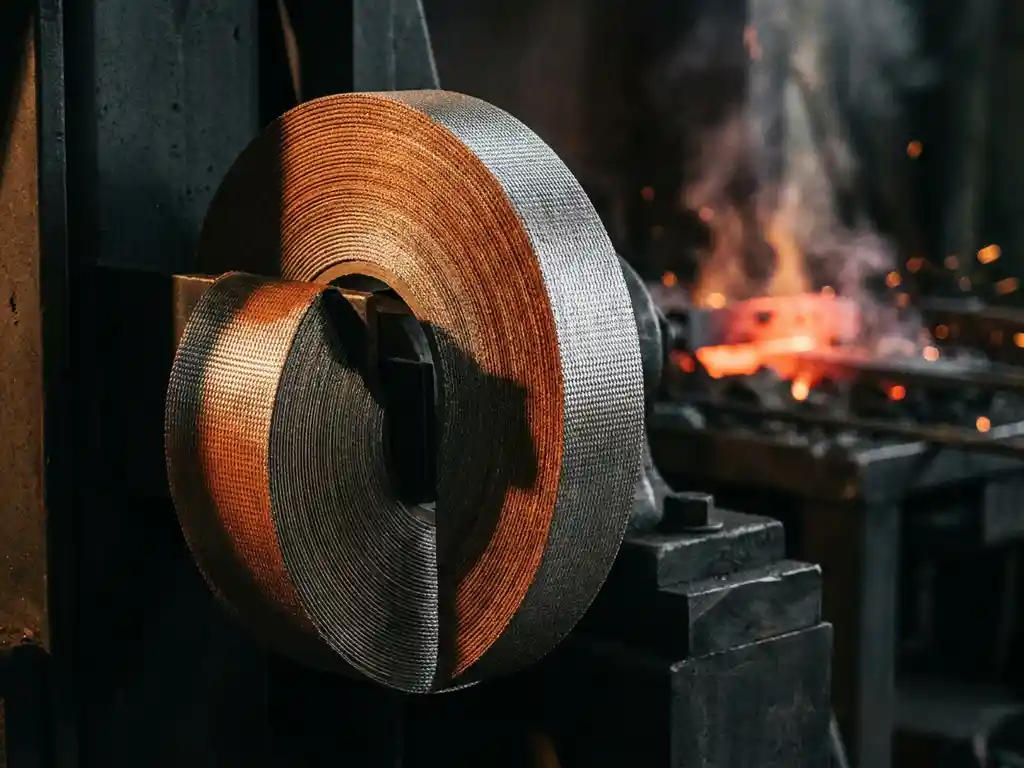Industrielle Hochtemperatur-Klebebandrolle auf Stahlmaschine, glühend heißes Metall im Hintergrund einer Werkstatt.