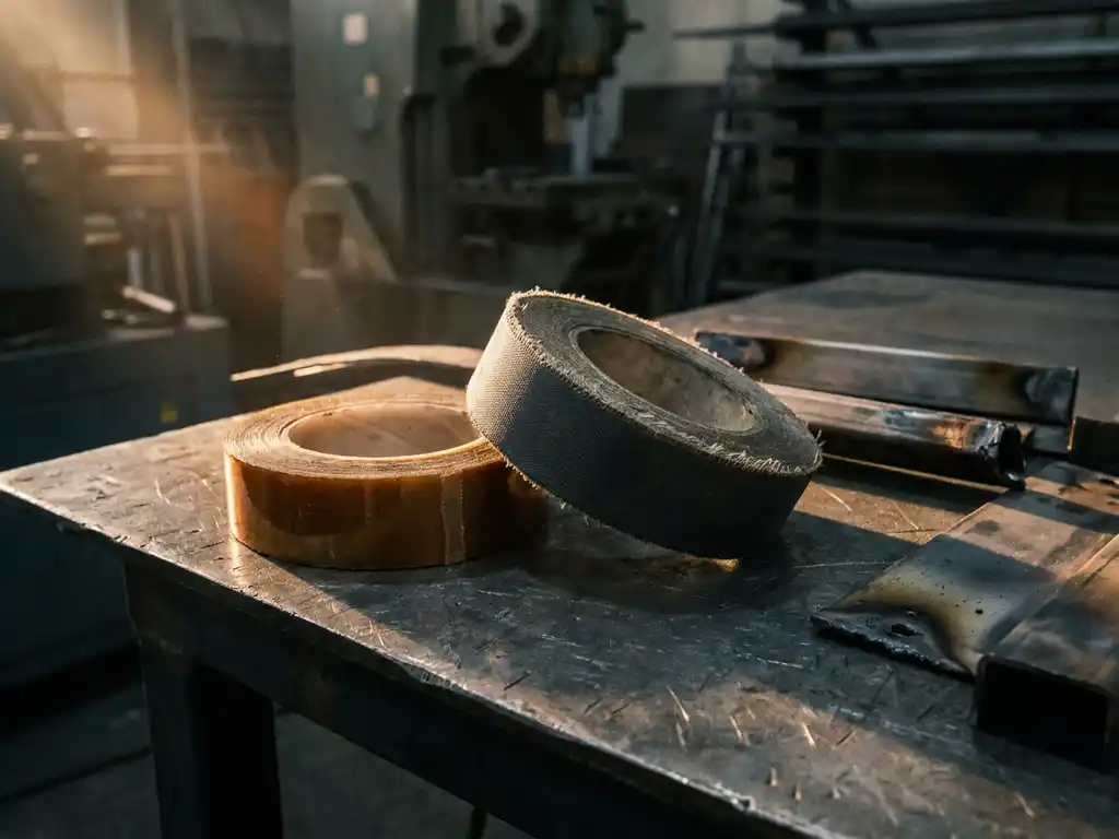 Silikon- und Acryl-Hochtemperaturklebebandrollen auf Stahloberfläche in industrieller Fertigungsumgebung mit wärmebelasteten Metallteilen.