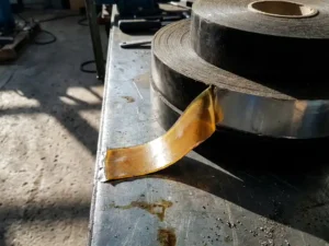 Industrielle Gummi-Klebebandrollen auf Stahloberfläche, eine teilweise abgerollt mit bernsteinfarbener Klebeschicht im Seitenlicht.