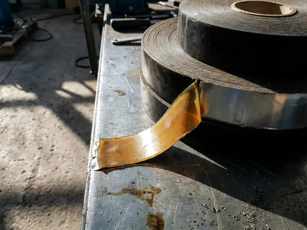 Industrielle Gummi-Klebebandrollen auf Stahloberfläche, eine teilweise abgerollt mit bernsteinfarbener Klebeschicht im Seitenlicht.