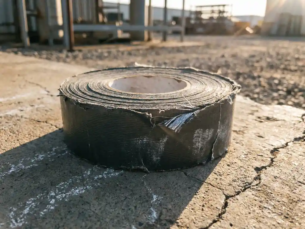 Industrielles Klebeband-Rolle aus grauem Gewebeband auf verwittertem Beton, UV-Sonnenlicht wirft scharfe Schatten auf die Oberfläche.