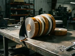 Industrielle Kleberollensortiment in verschiedenen Breiten auf Stahloberfläche, Querschnitte zeigen Klebeschichten in Bernstein, Weiß und Grau.