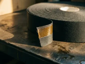 Industrielles Gewebeklebeband auf Stahlwerkzeugbank, teilweise abgerollt mit sichtbarem Textilträger und Klebstoffschicht in Dunkelgrau und Bernstein.