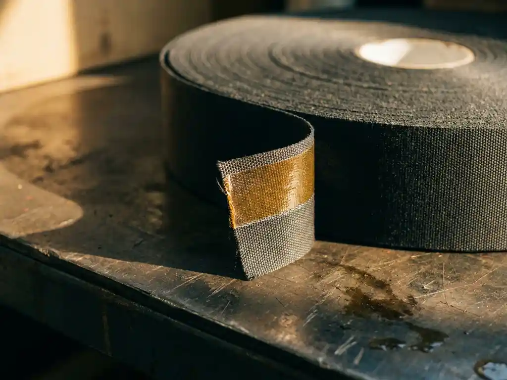 Industrielles Gewebeklebeband auf Stahlwerkzeugbank, teilweise abgerollt mit sichtbarem Textilträger und Klebstoffschicht in Dunkelgrau und Bernstein.