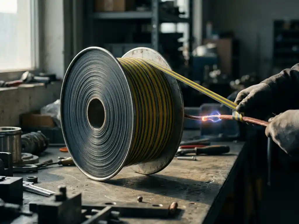 Elektrisches Isolierband auf schwerem Industriespulenkern, neben leuchtendem Kupferleiter auf Stahl-Werkbank, Tiefenschärfe.