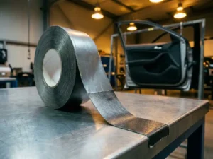 Industrielles Klebeband auf Stahloberfläche in Kfz-Fertigungshalle, teilweise abgerollt, Autotürverkleidung im Hintergrund.