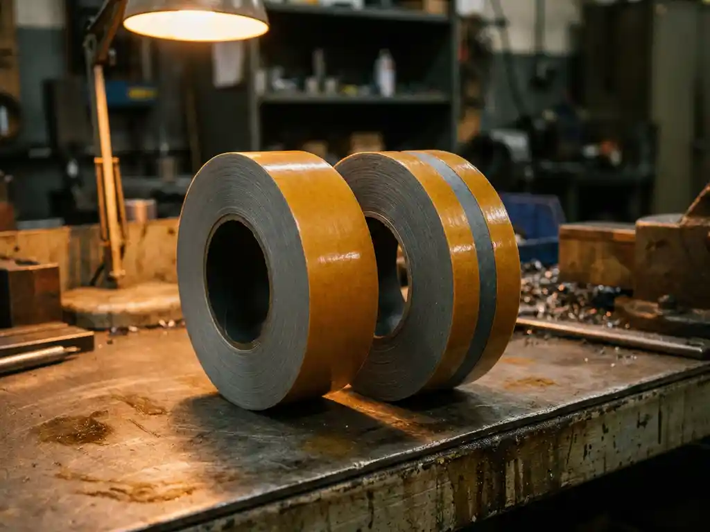 Zwei Industrieklebeband-Rollen auf Stahloberfläche, Querschnitte zeigen ein- und doppellagige Struktur im Vergleich.