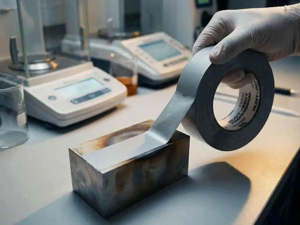 Industrielles Klebeband wird von wärmebelasteter Metalloberfläche abgezogen, rückstandsfreie Klebenaht, Laborumgebung im Hintergrund.