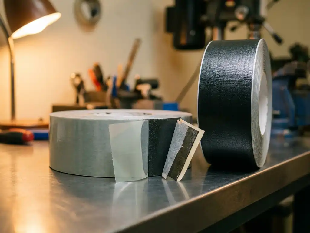 Querschnitt einer Industrieklebeband-Rolle auf Stahloberfläche zeigt Trägerfolie, Klebeschicht und Trennliner in Werkstattbeleuchtung.
