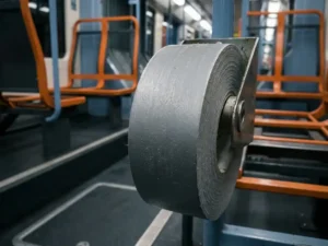 Graues Industrieklebeband auf Metallspender im Zugabteil mit orangefarbenen Sitzrahmen und Stahlboden im Hintergrund.