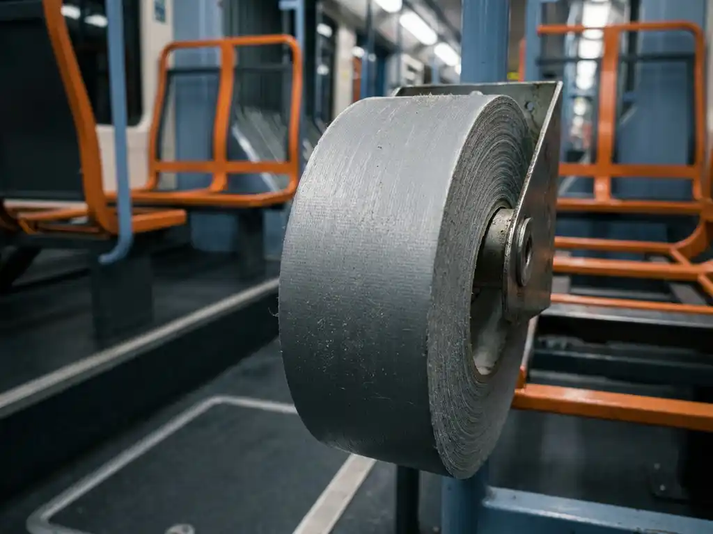 Graues Industrieklebeband auf Metallspender im Zugabteil mit orangefarbenen Sitzrahmen und Stahlboden im Hintergrund.