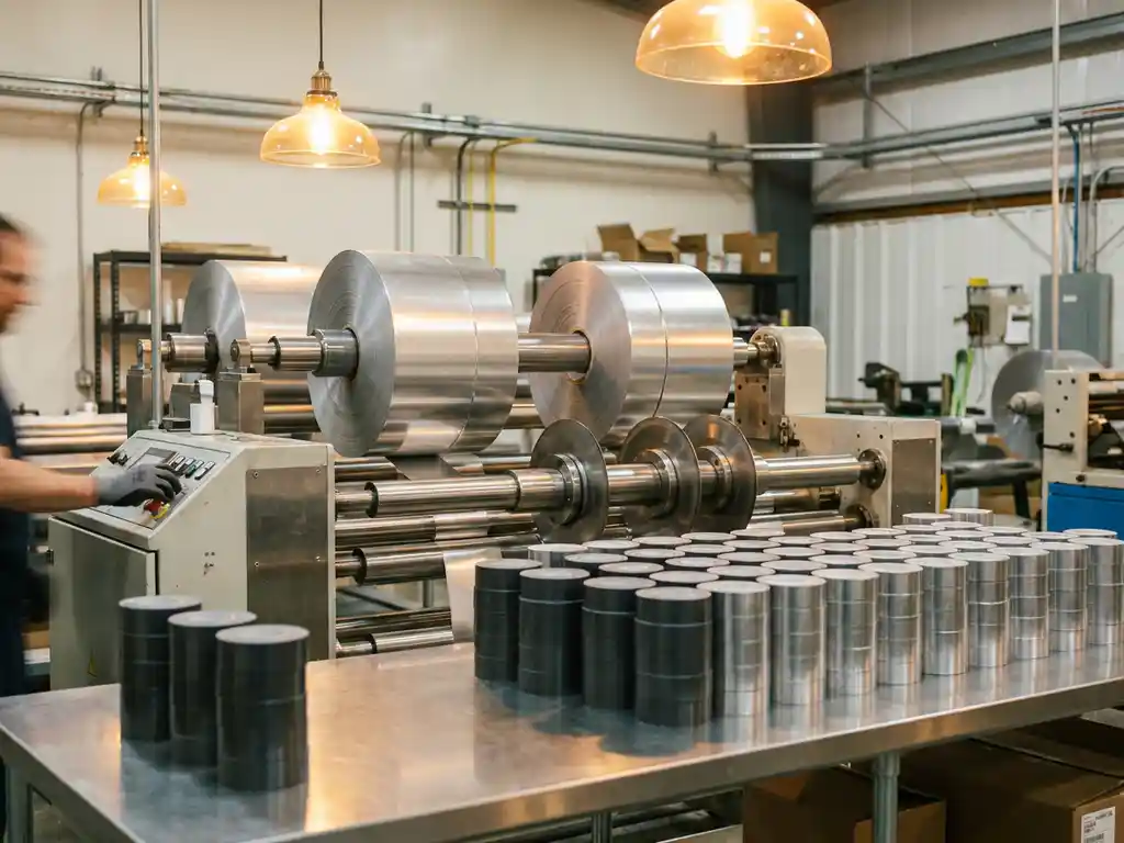 Industrielle Klebebandrollen werden auf einer Edelstahl-Schneidmaschine präzise geschnitten, fertige schmale Rollen gestapelt auf Werkbank.