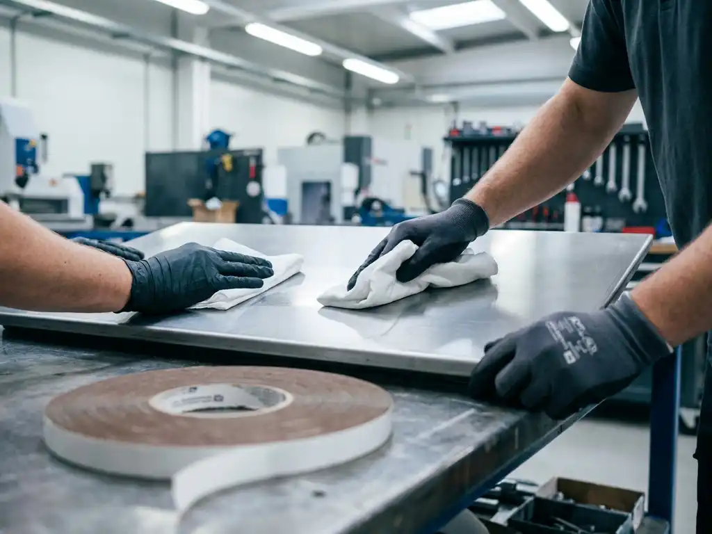 Behandschuhte Hände reinigen eine Metallplatte mit weißem Tuch, Rolle Industrie-Doppelklebeband auf Werkbank daneben.