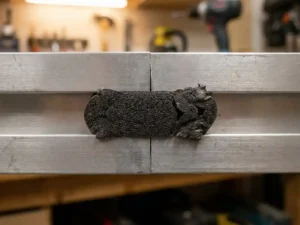 Industrielles Schaumstoffklebeband im Querschnitt, komprimiert in einer Metallpanelfuge aus gebürstetem Aluminium, zelluläre Struktur sichtbar.