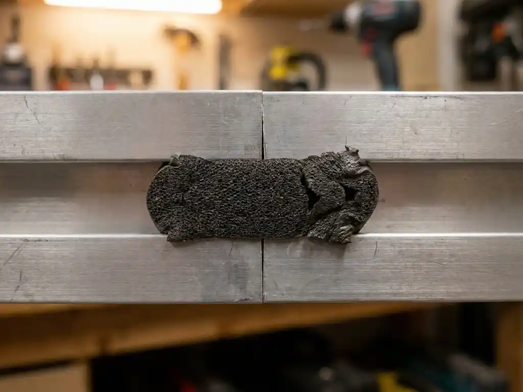 Industrielles Schaumstoffklebeband im Querschnitt, komprimiert in einer Metallpanelfuge aus gebürstetem Aluminium, zelluläre Struktur sichtbar.