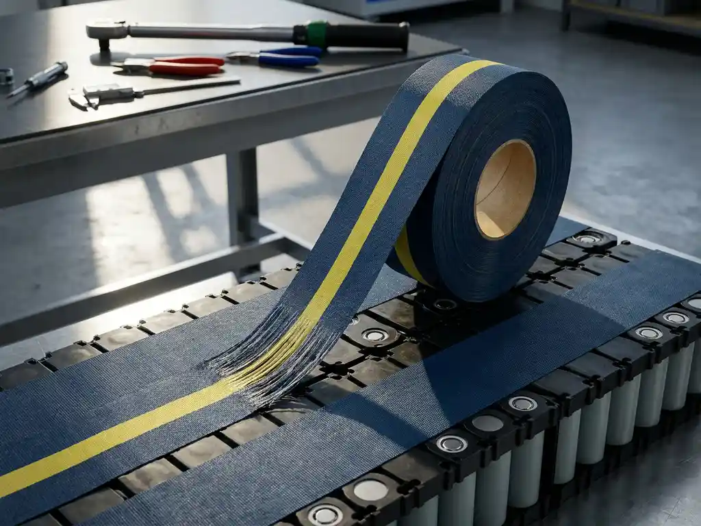 Schweres Isolierband auf einem Lithium-Batteriemodul mit sichtbaren Zellreihen in einer professionellen Werkstatt.