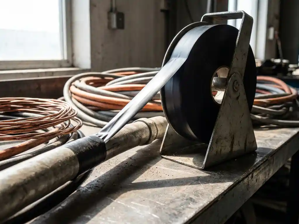 Schwarze Elektro-Isolierband-Rolle auf Metalldispenser, daneben Kupferkabel und Leitungsbündel auf Stahlwerkbank.