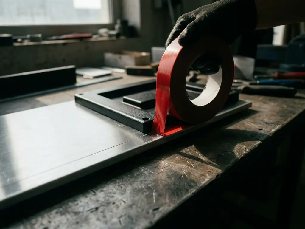 Doppelseitiges Acrylklebeband wird zwischen gebürstetem Aluminiumblech und schwarzem Polymerbauteil auf Stahloberfläche aufgetragen.