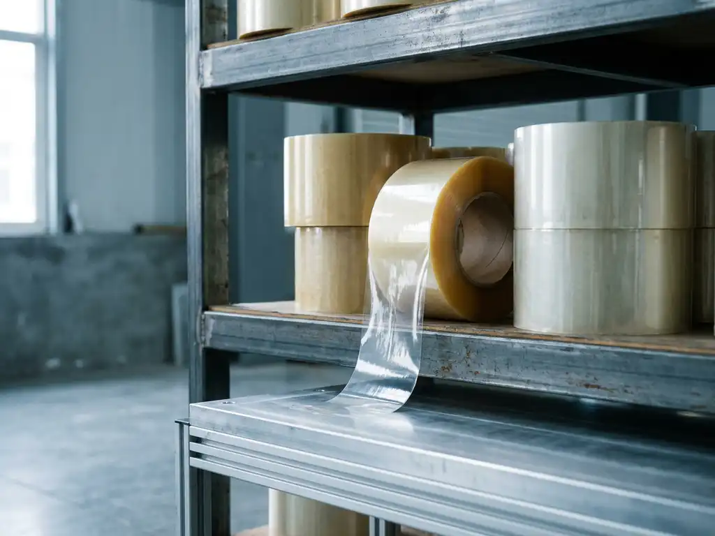 Industrielle Rollen transparentes Acryl-Transferklebeband auf Stahlregal, eine Rolle teilweise abgewickelt mit glänzender Klebeschicht.