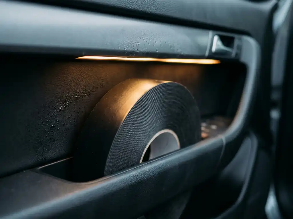 Schwarzes doppelseitiges Klebeband in einer Autotür-Hohlraumverkleidung mit sichtbarer Kondensation auf dem dunklen Interieur-Kunststoff.
