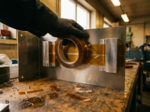 Doppelseitiges Acrylklebeband wird auf gebürstetem Stahlblech aufgedrückt, um zwei Aluminiumkomponenten in einer Fabrik zu verbinden.