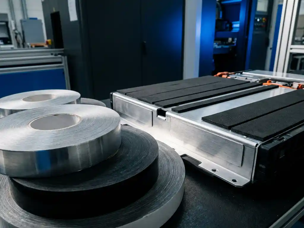 Industrielle Klebebandrollen neben einem Elektrofahrzeug-Batteriemodell mit präzise geschnittenen Schaumstoffstreifen auf Aluminiumgehäusepanelen.