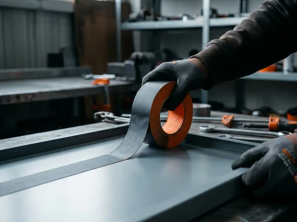 Behandschuhte Hand drückt breites Industrieklebeband auf pulverbeschichtetes Stahlpanel in einer Werkstatt.