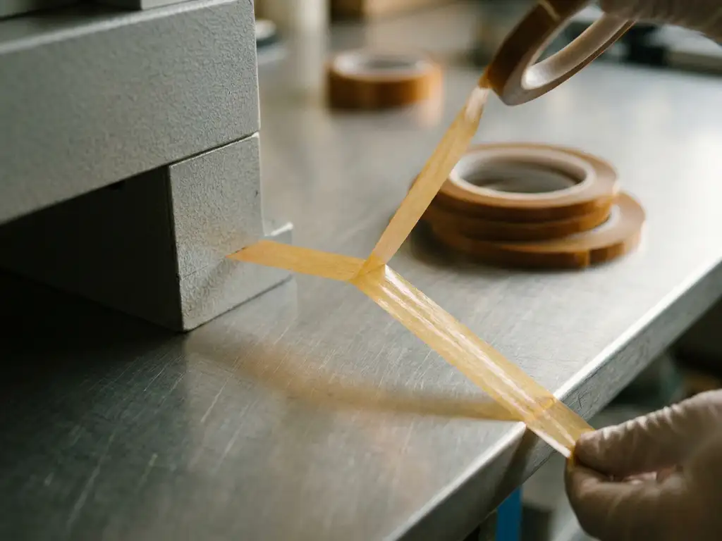 Transparentes Bernstein-PET-Klebeband wird von matter Industrieoberfläche abgezogen, daneben präzise geschnittene Kleberollen auf grauem Stahltisch.