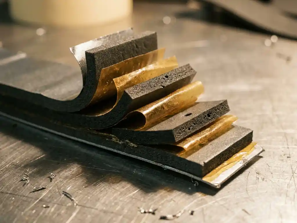 Querschnitt eines mehrschichtigen Industrie-Klebebands mit Schaum-, Klebefilm- und Trägerschichten auf gebürstetem Stahl.