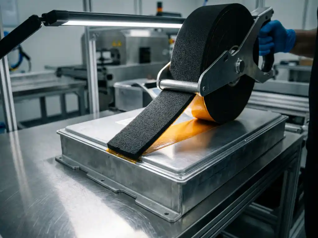 Schwarzes Schaumstoff-Klebeband wird präzise auf ein Aluminium-Batteriegehäuse aufgetragen, Nahaufnahme zeigt Klebefilm-Querschnitt.