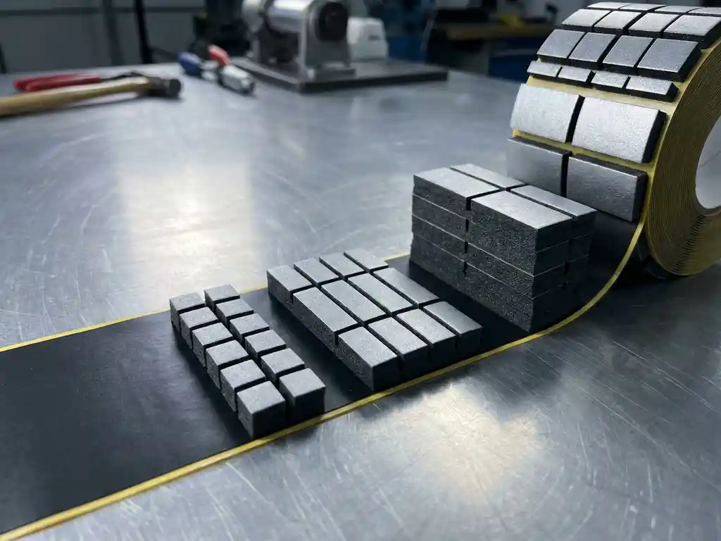 Industrielles Klebebandrolle und präzise gestanzte Schaumstoffsegmente auf gebürstetem Stahltisch für Batteriemodul-Montage.