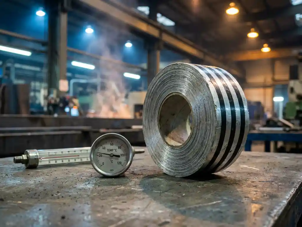 Industrielles Klebeband in Silber-Schwarz auf Stahloberfläche neben Präzisionsthermometer und Temperaturmessgerät in Werkstatt.