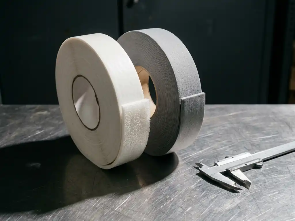 Zwei Industrieklebebandrollen auf Stahloberfläche: weißes PE-Schaumklebeband und graues Acrylschaumband im Vergleich, Präzisionsschieblehre daneben.