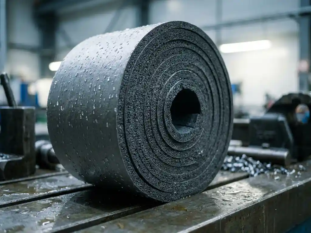 Industrielle PE-Schaumstoffklebeband-Rolle mit grauem Schaumkern, Wassertropfen perlen auf nassem Metallwerkbank ab.