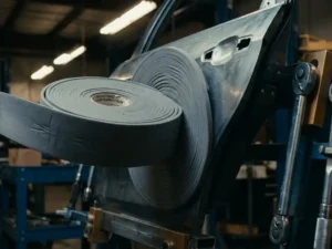 Industrielles PE-Schaumstoffklebeband auf vibrierendem Metallblech im Fahrzeugbau zur Schwingungsdämpfung.