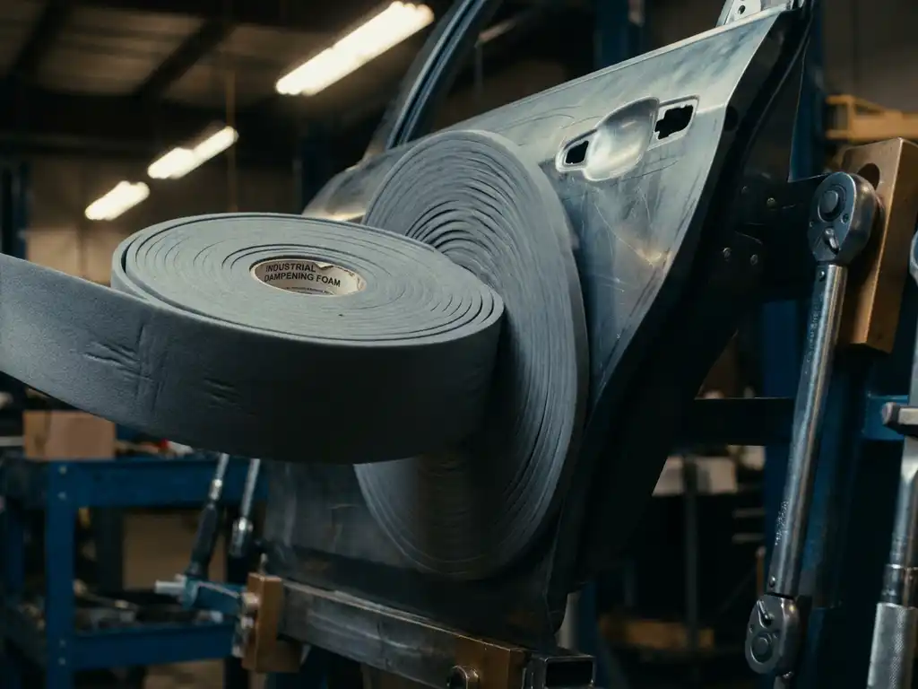 Industrielles PE-Schaumstoffklebeband auf vibrierendem Metallblech im Fahrzeugbau zur Schwingungsdämpfung.