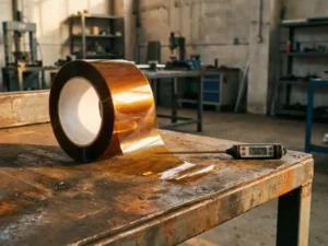 Industrielle PET-Klebebandrolle mit transparenter Folie auf hitzeverbrannter Metalloberfläche, Präzisionsthermometer daneben.