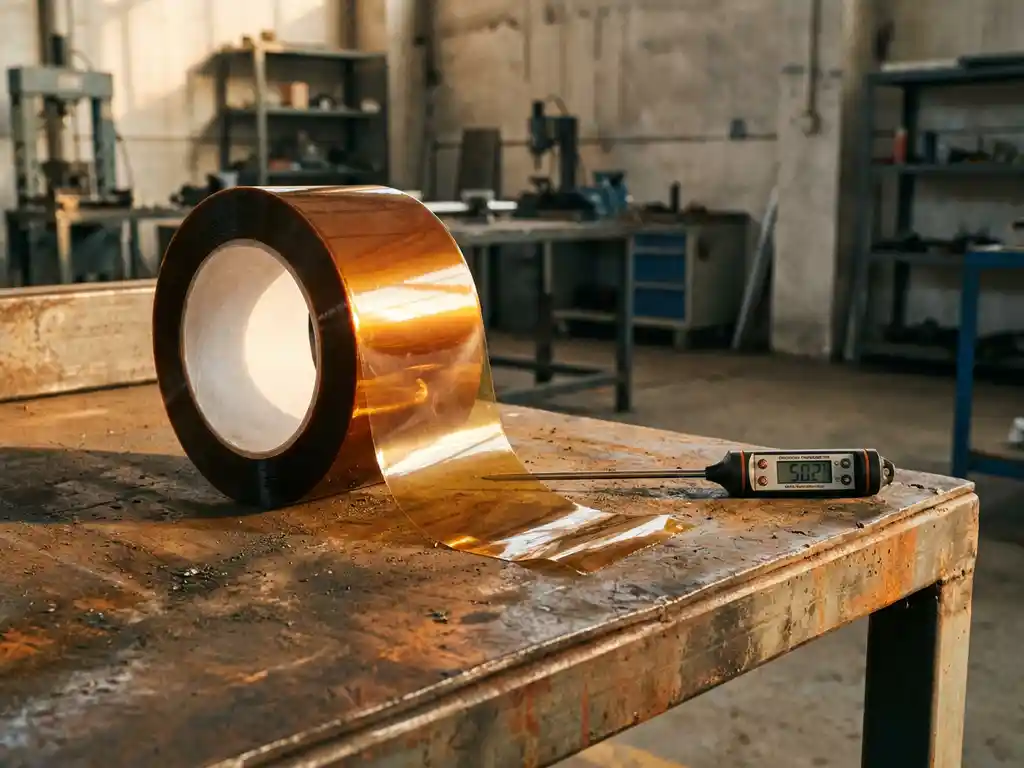 Industrielle PET-Klebebandrolle mit transparenter Folie auf hitzeverbrannter Metalloberfläche, Präzisionsthermometer daneben.