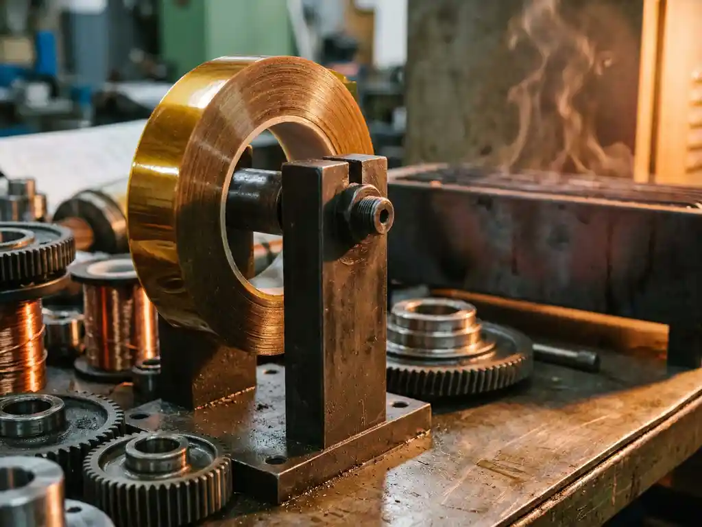 Industrielle Rolle Polyimid-Klebeband in Bernsteinfarbe auf Stahlhalterung, umgeben von Präzisionsbauteilen in einer Fertigungsumgebung.