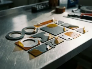 Präzise gestanzte Klebeband-Komponenten in geometrischen Formen auf Edelstahl-Werkbank mit dramatischer Seitenbeleuchtung.