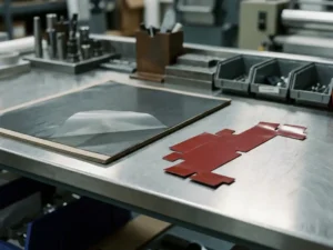 Kiss-Cut- und Stanzteile aus Industrie-Klebeband auf Edelstahl-Werkbank, rote Klebeflächen im Nahaufnahme-Detail.