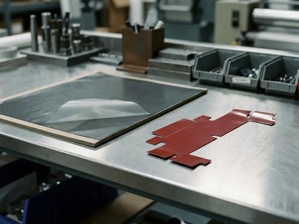 Kiss-Cut- und Stanzteile aus Industrie-Klebeband auf Edelstahl-Werkbank, rote Klebeflächen im Nahaufnahme-Detail.
