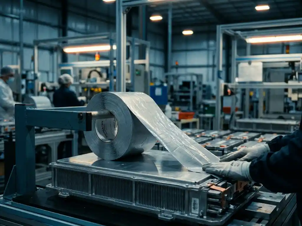 Wärmeleitklebeband wird auf ein Lithium-Batteriemodul in einer sauberen Fertigungsanlage aufgetragen, metallisch-silberne Oberflächen.