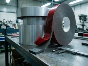 Industrielle Rollen Acrylschaum-Doppelklebeband auf Stahloberfläche, abgerolltes Band mit grauem Schaumquerschnitt und roten Linern, Messschieber daneben.