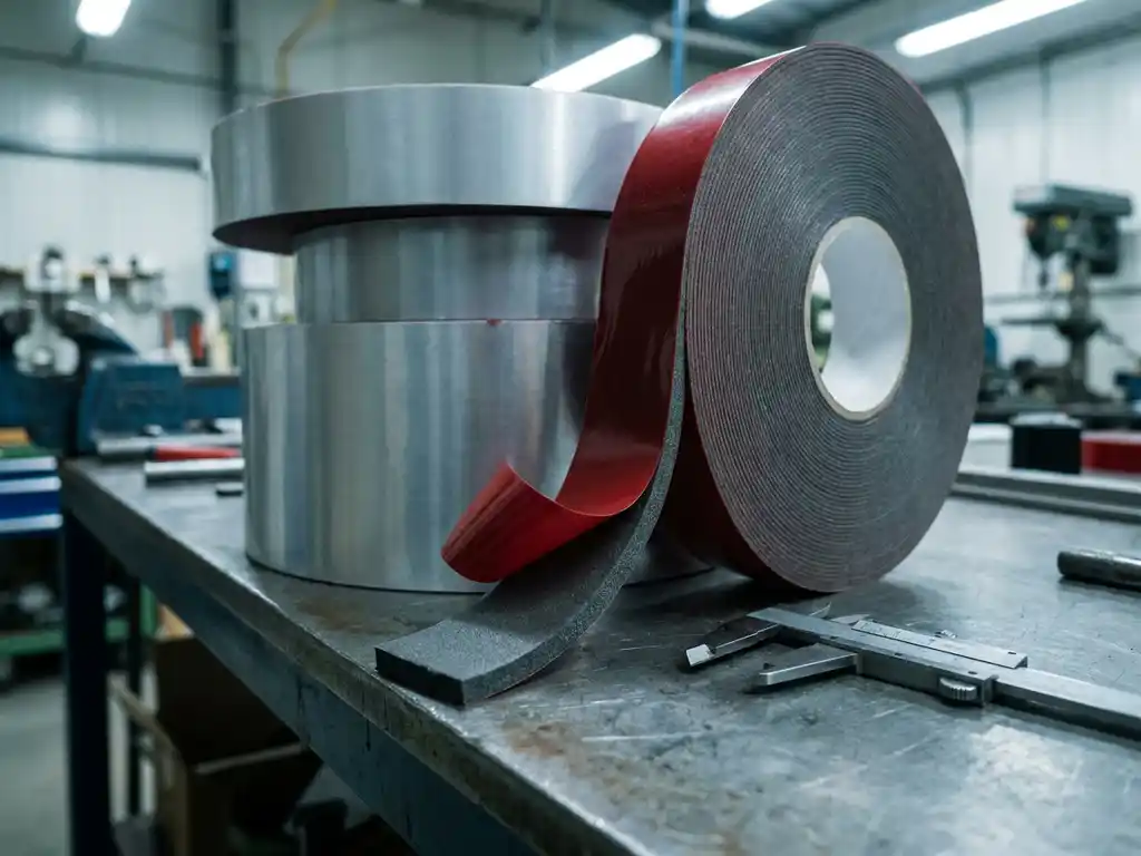 Industrielle Rollen Acrylschaum-Doppelklebeband auf Stahloberfläche, abgerolltes Band mit grauem Schaumquerschnitt und roten Linern, Messschieber daneben.