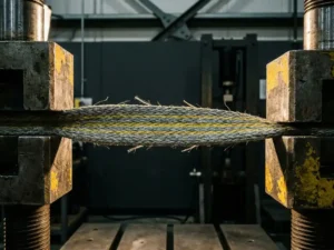 Industrielles Gewebeklebeband unter extremer Zugspannung in Metallklemmen, Fasertextur im Nahaufnahme-Labor-Test sichtbar.